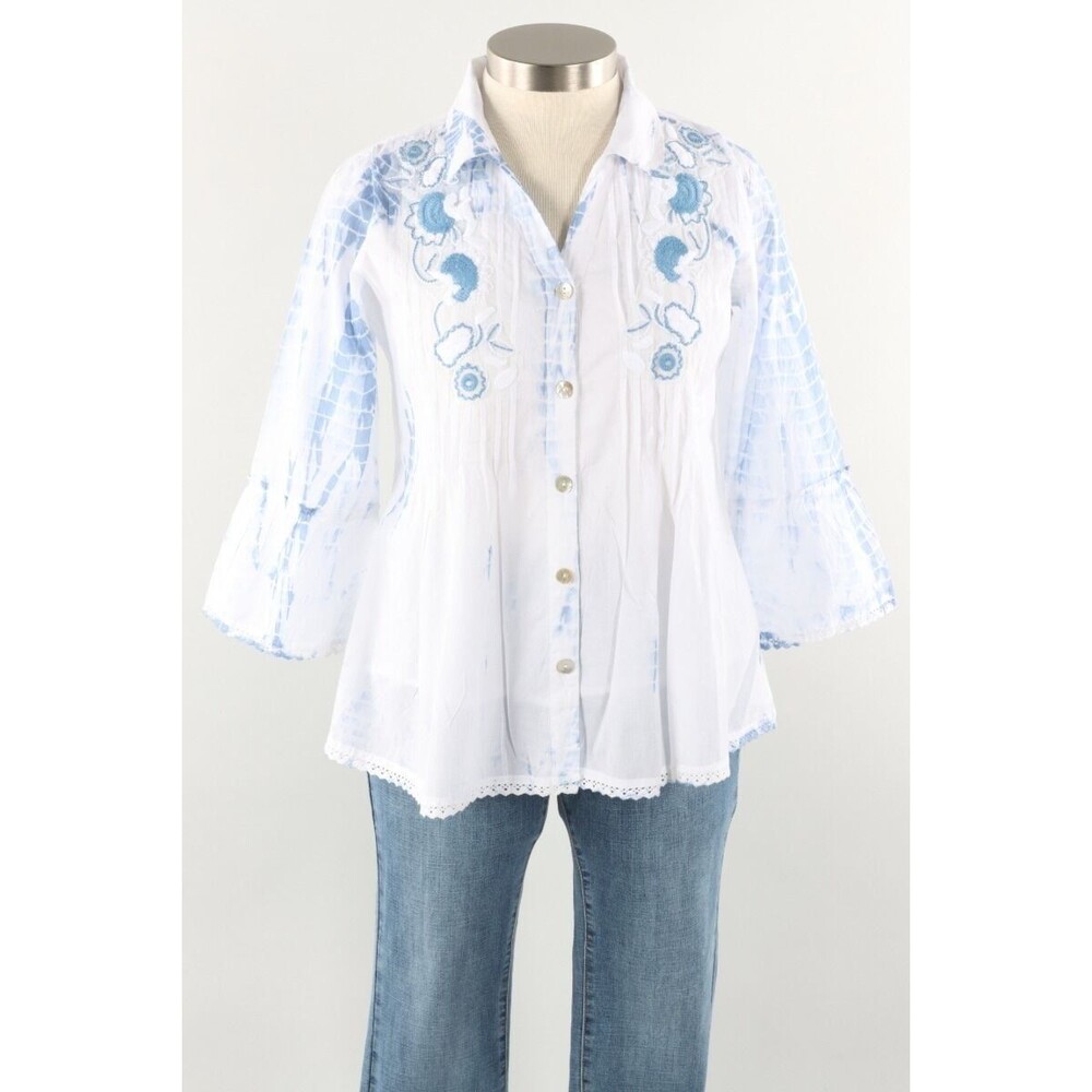 Parsley & Sage 100% Cotton Tie-Dye Floral Embroidery Button-Down Shirt M